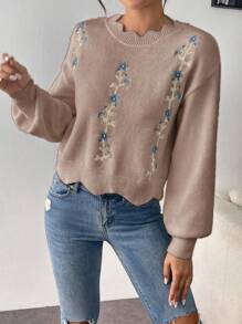 Chiquease Loose Knit Top With White Lace Collar, Embroidered Design, Suitable For Autumn/Winter