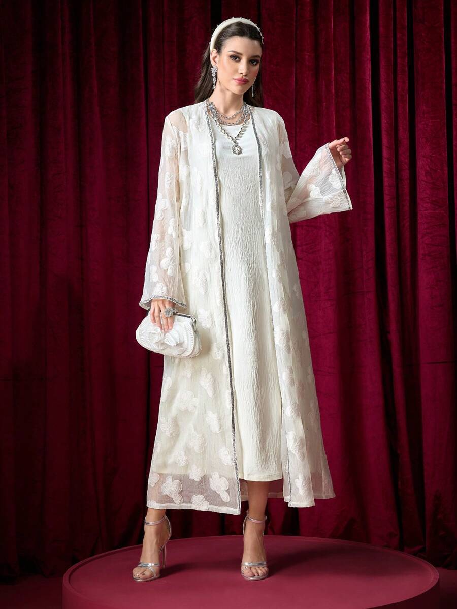 Modelyn Women's Design Sense Long Sleeve Cardigan Sweater With Dress 2Pcs Set - Apricot - View 1