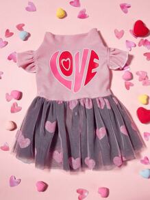 PETSIN 1 قطعة فستان كلب أنيق وجذاب بأكمام وردية بطبعة قلوب وشبك لامع لعيد الحب