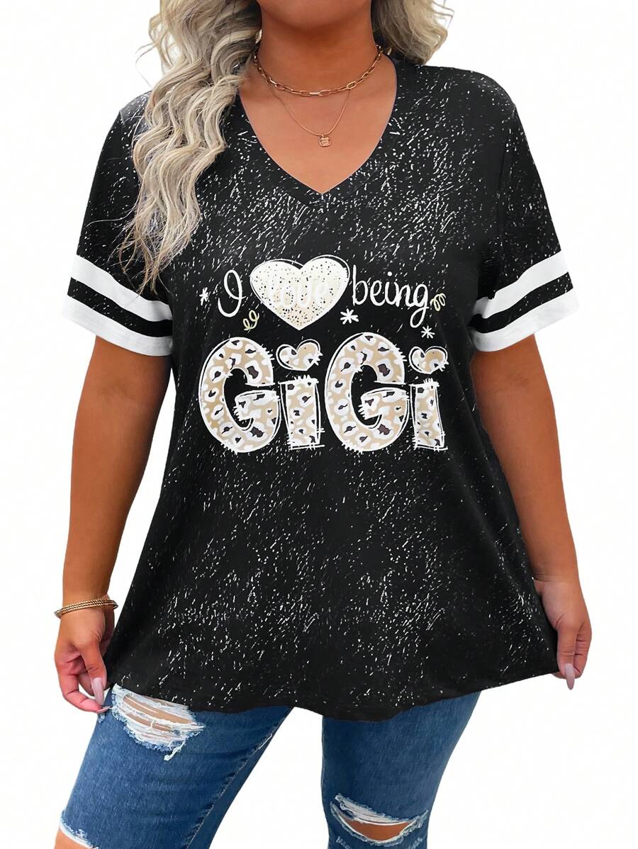 EMERY ROSE 大码女式深灰色字母印花休闲运动日常街头装短袖 T 恤，春夏 - 深灰色 - 查看 1