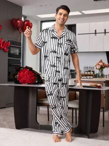 Men's Elastic Satin Print Lapel Collar Short Sleeve Pajama Set, Gift For Boyfriend