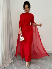 SHEIN PETITE Elegant & Charming Party Banquet Evening Dress, Ruched Oblique Shoulder Sheer Sash Dress, Long Sleeve, Side Slit, Knitted Stretchy Red Dress For Autumn/Winter Fall Cloth For Women