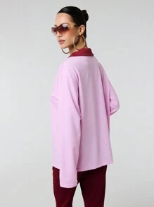 SHEIN Unity Letter Print Contrast Polo Neck Drop Shoulder Long Sleeve Casual Sweatshirt Fall Cloth For Women - Pink - View 2