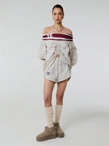 TypaGal Number Striped Print Panelling Drawstring Ruched Detail Off Shoulder Long Sleeve Nylon Shirt Top