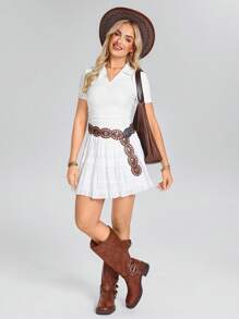 SHEIN LUNE Áo thun thể thao tay ngắn thoải mái phong cách miền Tây Cowgirl dành cho nữ, cổ polo cơ bản, xếp ly bên hông, thường ngày, thoải mái, mùa xuân/hè - trắng - Xem 3