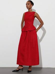 Aveloria Modichic 2pcs/Set Women's Red Romantic Party Outfit - Sleeveless Jacquard Top With Layered Waist Detail & Extra Long Skirt, Elevated Look