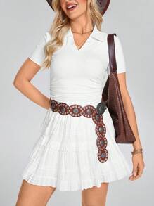 SHEIN LUNE Áo thun thể thao tay ngắn thoải mái phong cách miền Tây Cowgirl dành cho nữ, cổ polo cơ bản, xếp ly bên hông, thường ngày, thoải mái, mùa xuân/hè - trắng - Xem 5