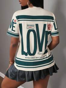 Slaydiva Áo thun họa tiết thời trang đường phố dành cho nữ mùa xuân và mùa hè mới thường ngày đường phố màu mơ sọc xanh lá cây in khẩu hiệu chữ tình yêu áo phông nữ - Màu be - Xem 2