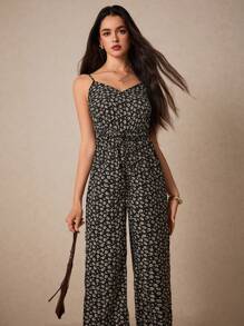 Poéselle 女式碎花印花细肩带连体裤，配有松紧腰带