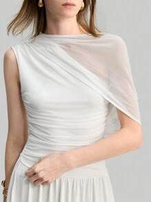 Ontre 女士白色 90 年代风格不对称领口网眼拼布连衣裙，优雅 - 白色 - 查看 6
