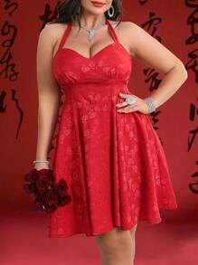 Flirla Vestido rojo de talla grande para mujer con escote halter, espalda abierta y estampado de flores en jacquard para el Día de San Valentín