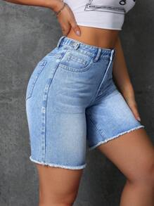 SHEIN ICON 女士休闲水洗磨边牛仔短裤 - 藍色 - 查看 4