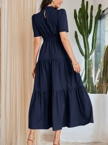 Seusyu 女士休闲纯色泡泡袖阿拉伯风格连衣裙 - 藏蓝色 - 查看 2