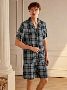 Manfinity 男士格子印花短袖衬衫和短裤睡衣套装 - 綠色 - 查看 6