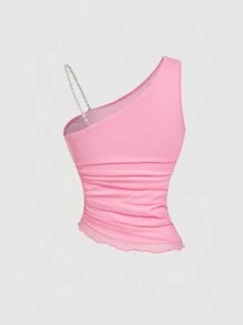 SHEIN MOD Top rosa con tirantes con lazo y cuentas, cintura fruncida, bajo asimétrico, estilo años 2000, para conciertos country, fiestas, estilo fairycore, tops lindos - Rosa - Ver 2