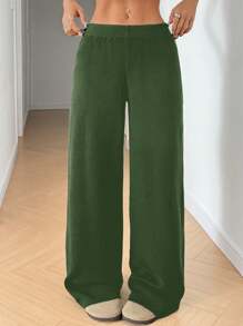 SHEIN EZwear Women Knit Pants, Casual Plain Solid Color, Minimalist Fashion For Everyday Wear - Army Green - View 1