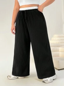 SHEIN EZwear Plus Size High Waist Black & White Contrast Palazzo Pants,Spring Summer Clothes - Black and White - View 1