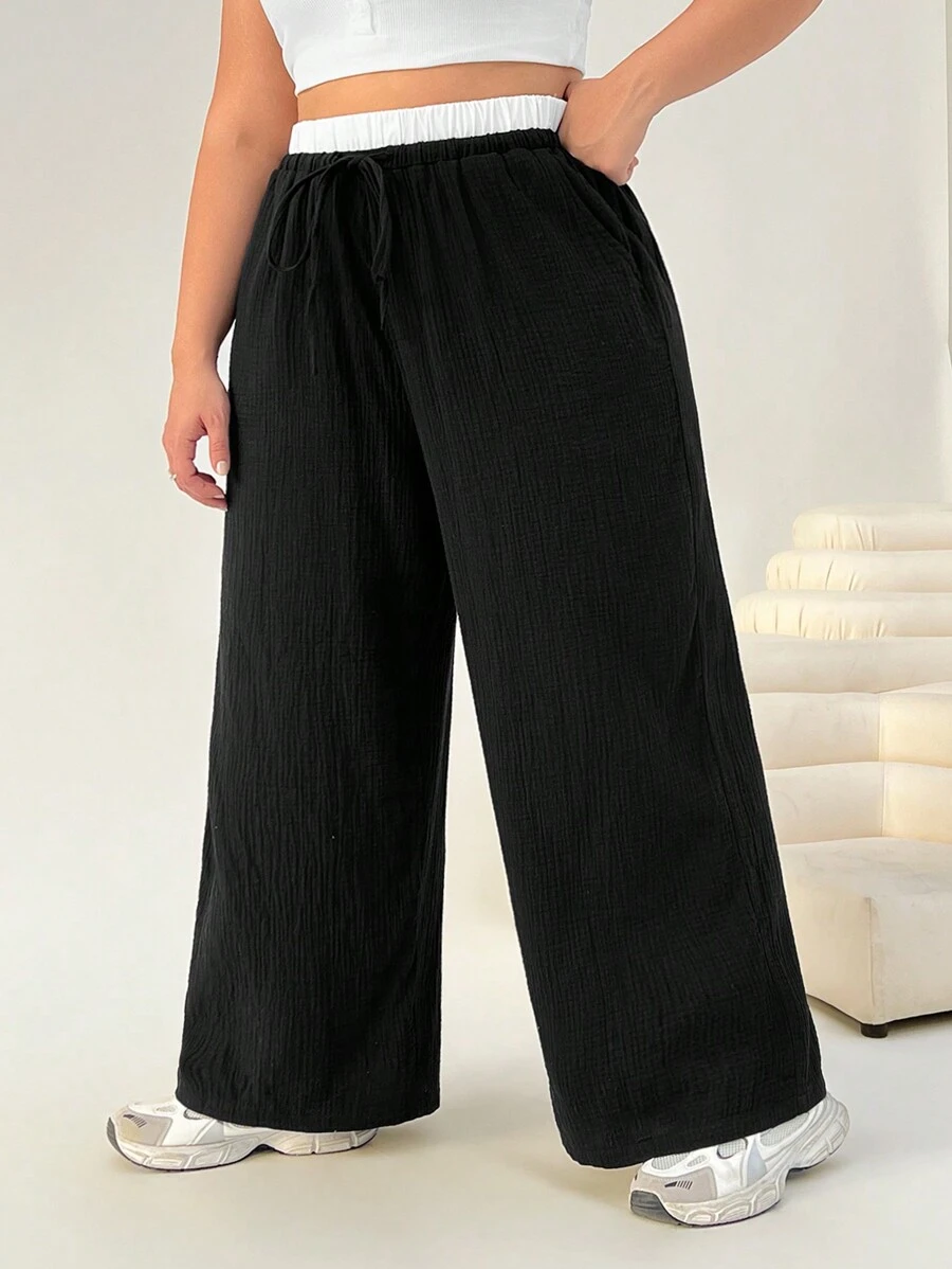 SHEIN EZwear Plus Size High Waist Black & White Contrast Palazzo Pants,Spring Summer Clothes - Black and White - View 1