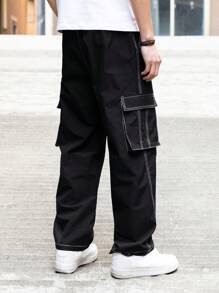 Claim Dot 男士休闲抽绳腰阔腿工装裤，秋季 - 黑色 - 查看 2