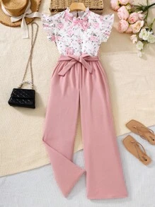 SHEIN Leap Crew Teen Girls Floral Print Woven Short Cap Sleeve Shirt With Bowknot Waist & Long Pants 2Pcs Set - Pink - View 1