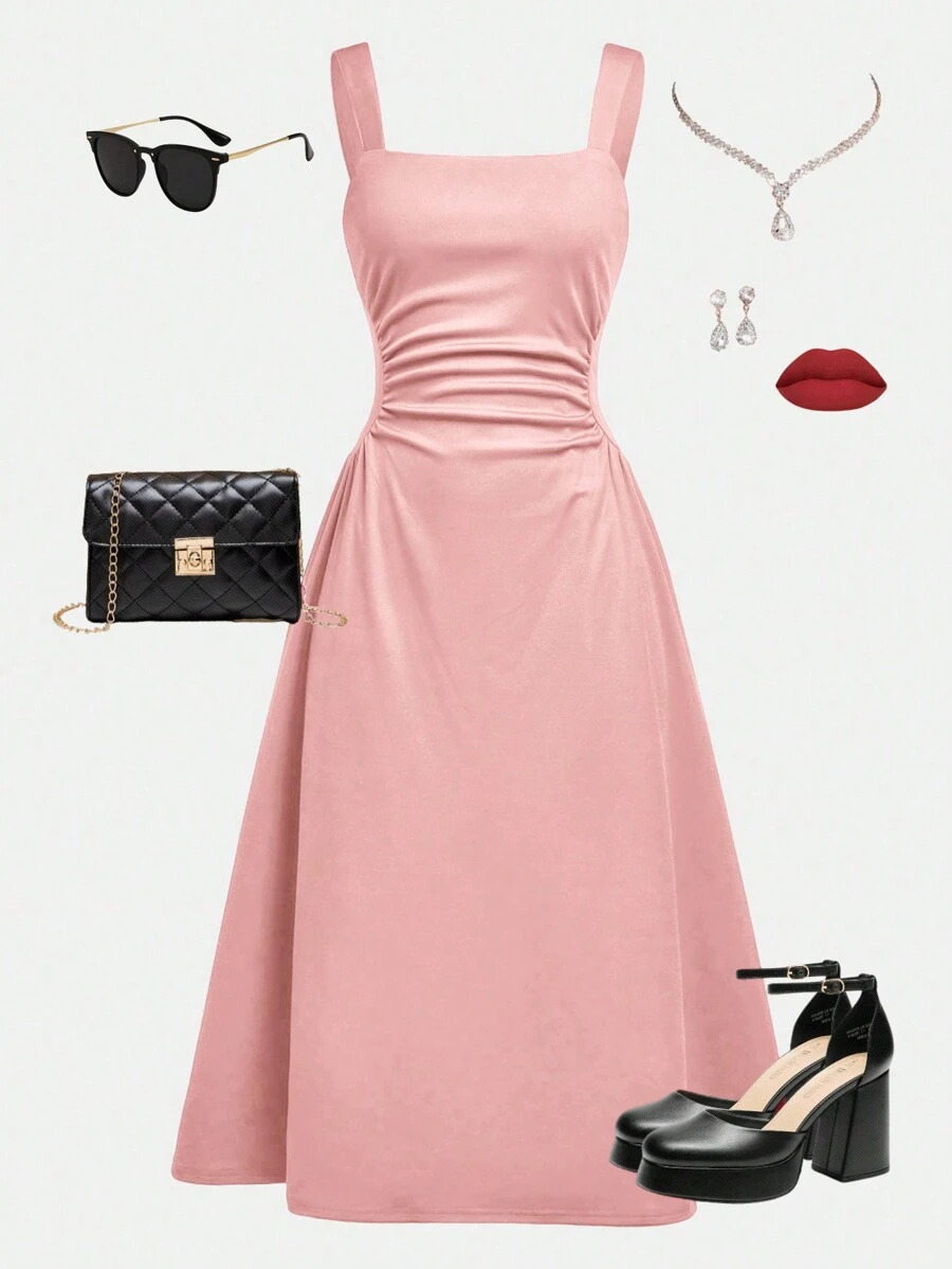 SHEIN Girlism Teen Girl Solid Color Square Neck Ruched Waist Casual Elegant Strap Pink Dress - Pink - View 1