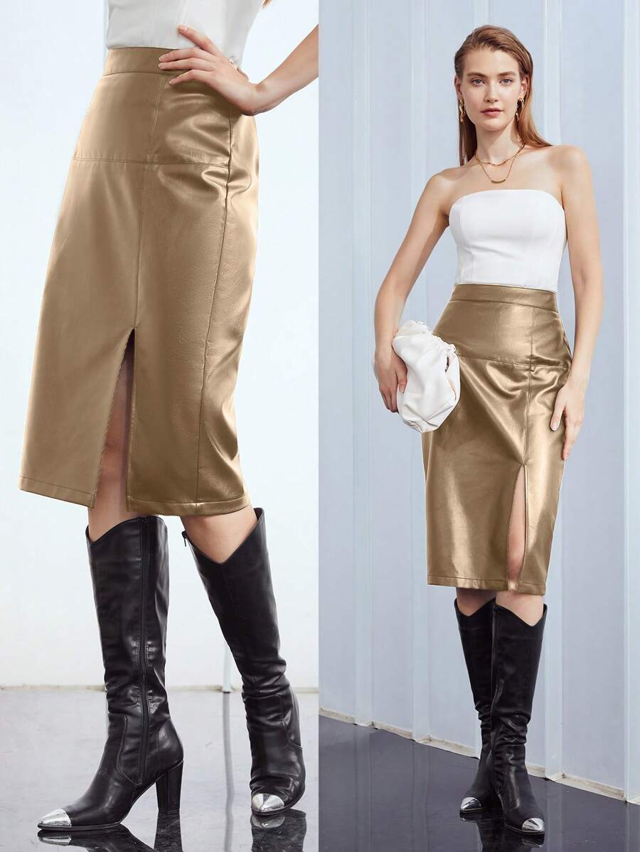MOTF PREMIUM SPLIT HEM PU LEATHER SKIRT - Khaki - View 1