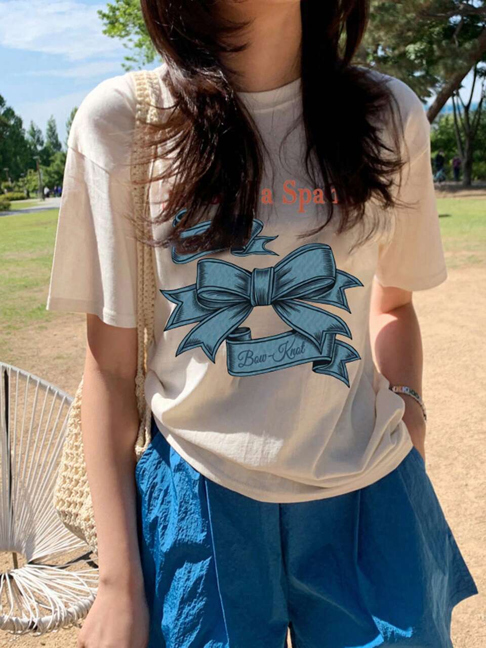 Women Bow Print Short Sleeve Loose T-Shirt, Spring, Summer Graphic Tee Women Cute Top, Teacher
