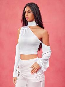 Tristan Blake Designer Witte Off-The-Shoulder Opstaande Kraag Geplooide Cropped Halter Top, Festival