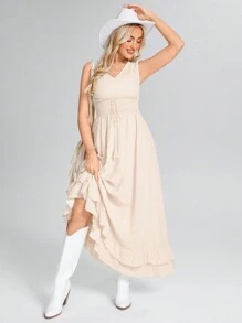 SHEIN LUNE Women's Sleeveless Cream Tasseled Layered Ruffle Hem Dress - Apricot - View 4