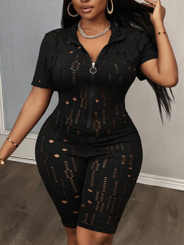 Slaydiva Plus Size Women Casual Hollow-Out One-Piece Jumpsuit