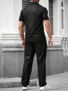 Manfinity Roghcode Men's Solid Color Short Sleeve Single-Breasted  PU Leather Shirt  And Pants Set