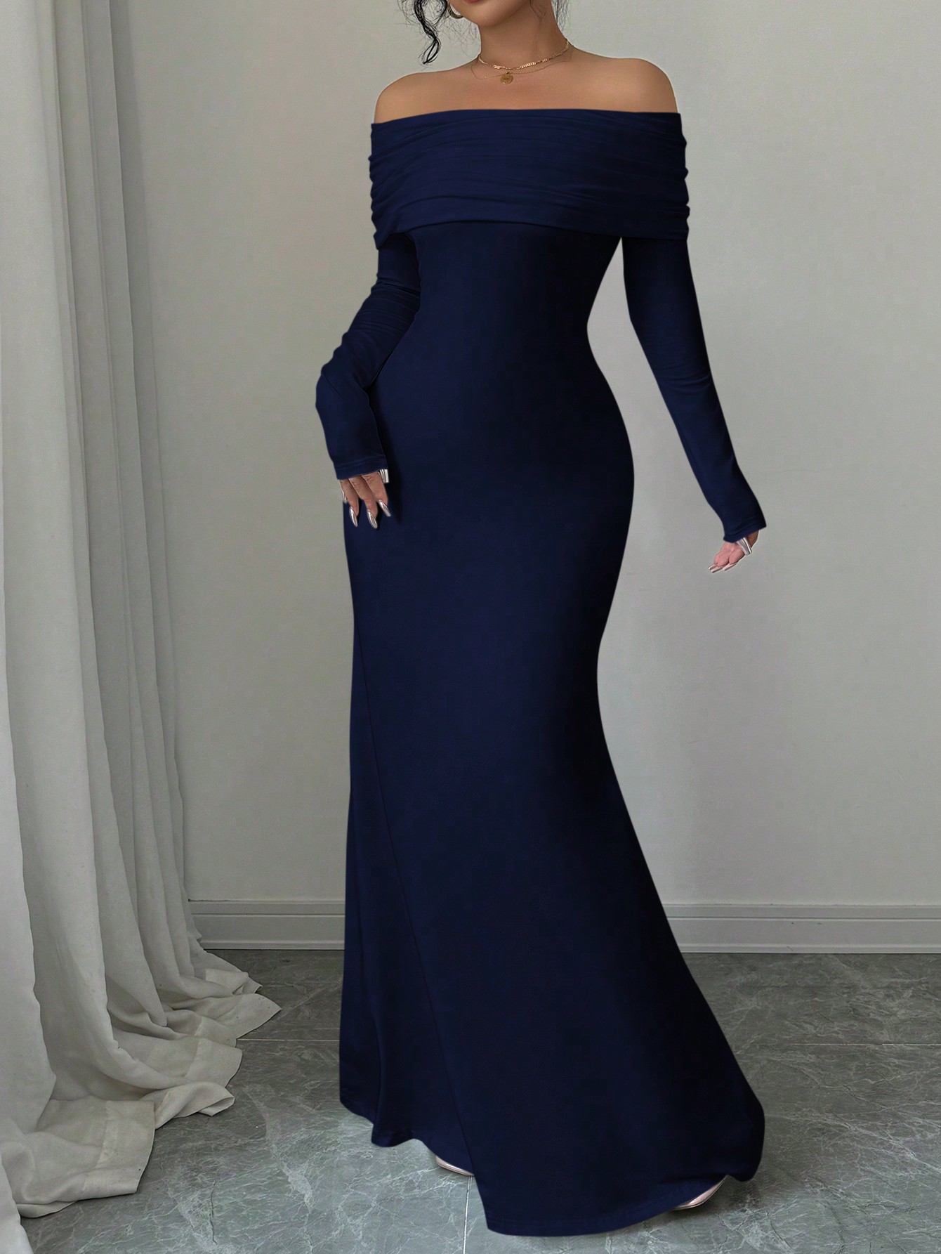 Rafferiza فستان طويل الأكمام ضيق الخصر مزدوج الطبق...