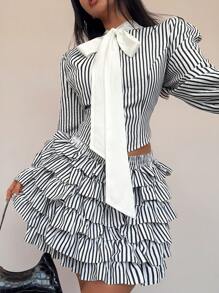 Celure Plus Size Women 2pcs Set: Striped Bowknot Blouse & Cake Skirt