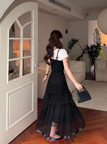 DAZY 女式荷叶边欧根纱长裙，适合夏季和情人节 - 黑色 - 查看 2