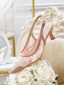 CUCCOO HITCHD Women's Pointed Toe Lace Design Stiletto High Heel Shoes, Romantic & Elegant, Graceful & Noble, Suitable For Wedding, Formal Occasions. Light & Soft Lace Mesh Material, Peach Color. Spring Shoes Spring Break Easter Prom Heels - Dusty Pink - View 10