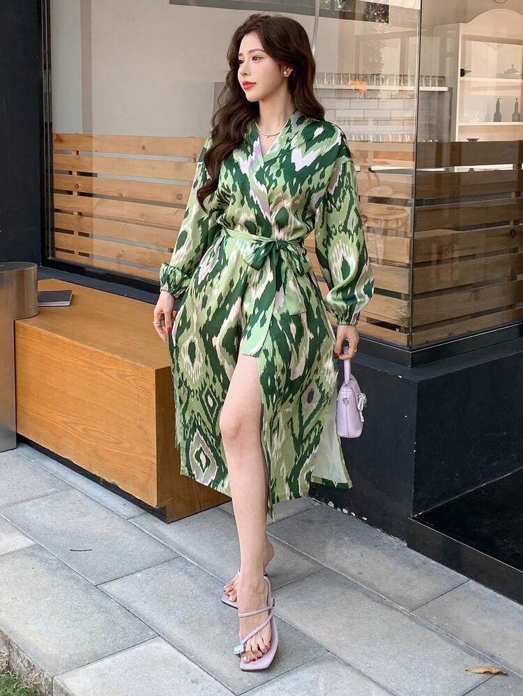 All-Over Floral Print Loose Waist Band Midi Shirt Dress For Women,Fall Women Clothes Long Sleeve Top