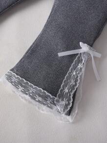 Baby Girl Casual Gray Round Neck Top + Gray Pants With Bowknot & Ruffle Decor 2Pcs Set, Summer