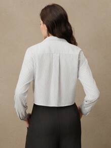 Anewsta 女士优雅都市水钻条纹长袖领衬衫 - 黑與白 - 查看 3