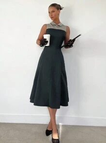 Siren Gaze 女士拼接喇叭无袖连衣裙，复古办公室休闲正式溜冰裙 - 深灰色 - 查看 4