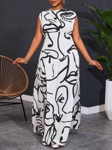 Slaydiva Plus Size Women Abstract Face Line Art Print Sleeveless Casual Dress - Multicolor - View 6