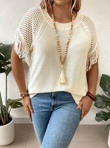 Breezaya Plus Size Boho Round Neck Fringed Casual Daily Wear Spring Summer Short Sleeve Knitwear Top