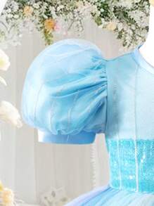 Vestido de niña con mangas abullonadas, estampado de burbujas de malla lujosa, perfecto para ocasiones formales, fiestas de cumpleaños, primavera/verano - Azul - Ver 3