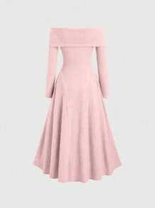 SHEIN Sweetro Vestido largo elegante para mujer, de un hombro, con mangas acampanadas acanaladas en beige, diseño fruncido en la cintura, vestido largo para mujer - Rosa - Ver 2