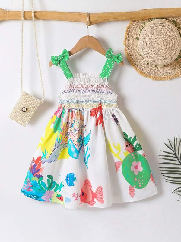 SHEIN Young Girl Colorful Holiday Cartoon Underwater World Print Sleeveless Dress, Suitable For Beach Vacation, Seaside Play