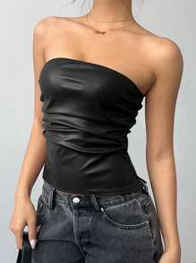 Siren Gaze 女士黑色皮革上衣时尚褶皱不对称下摆抹胸，适合外出和派对上衣，女士夏季服装，音乐节/音乐会女士服装 - 黑色 - 查看 3