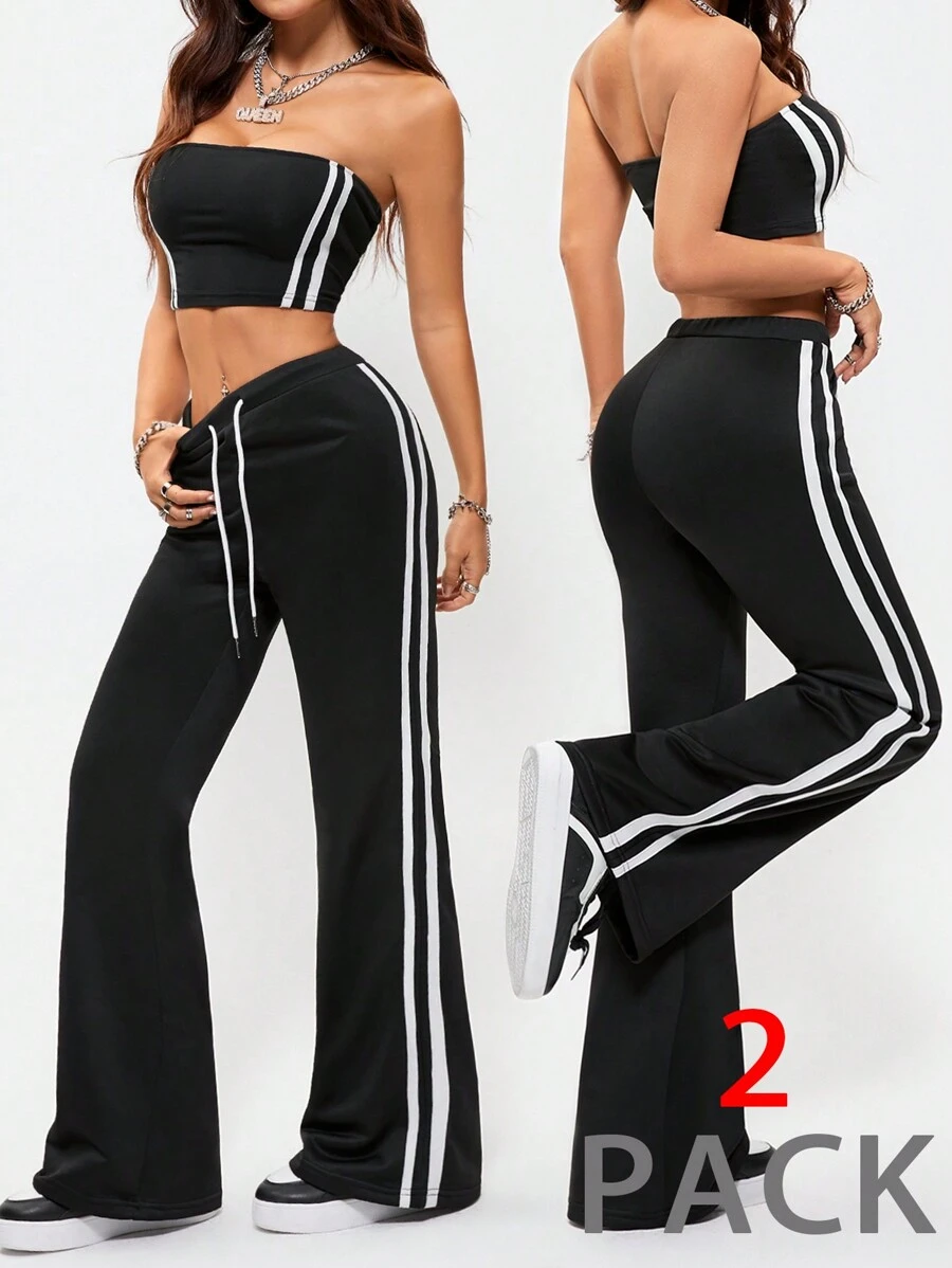 SHEIN EZwear Conjuntos de Roupas Femininas de Primavera/Verão para Sair, Streetwear, Esporte, Decoração com Textura Faixada, Top Tubular e Calças Flare em Duas Peças - Preto - Visão 1