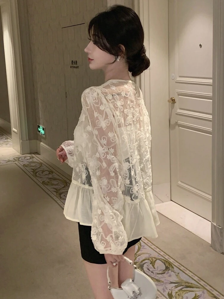 Women's Autumn New Floral Embroidered Lace Up Crew Neck Long Sleeve Lace Blouse,Ruffle