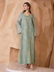 Al Najma V 领刺绣喇叭长袍连衣裙，休闲度假，长袍和 Jalabiya，端庄