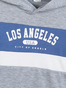 SHEIN Set de 2 piezas de sudadera con capucha suelta con estampado de letras y pantalones deportivos para niño pequeño, estilo callejero europeo y estadounidense, adecuado para uso en exteriores, vestimenta casual y uso escolar