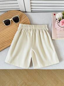 Young Girls Pleated Contrast Color Trim Shorts, Casual Versatile Summer Pants - Apricot - View 2